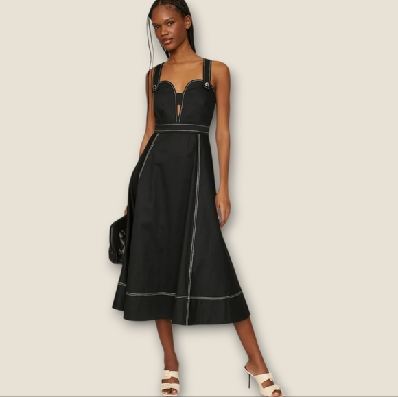 NWT TANYA TAYLOR Everleigh Midi Dress Cut Out Black Contrast White Stitching 8